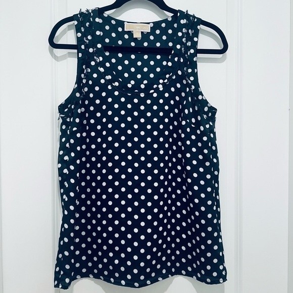 Michael Kors Navy Polka Dot Tank Top/Blouse Women's Sz. M Scoop Neck Raw Seams - Picture 1 of 8
